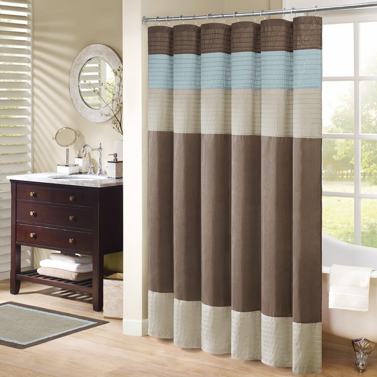 Madison Park MP70-220 Pieced Faux Dupioni and Polyester Shower Curtain, Natural/Trinity Blue